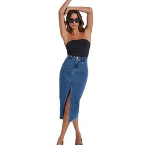 Janeve Midi Skirt - Front Split Denim Skirt in Dark Blue